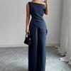 2026 Womens Off-Shoulder Sleeveless Solid Color Wide Leg Pants Set Casual Outfit