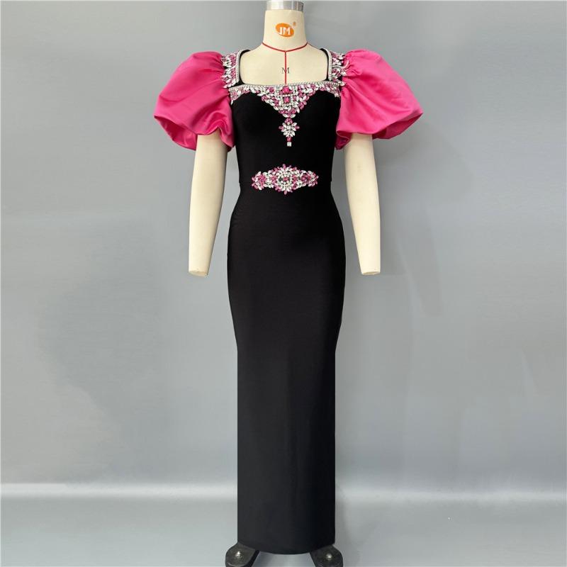 New bandage dress fashionable women's clothing square neck bubble sleeve design sense women's clothing diamond-encrusted evening dress sexy