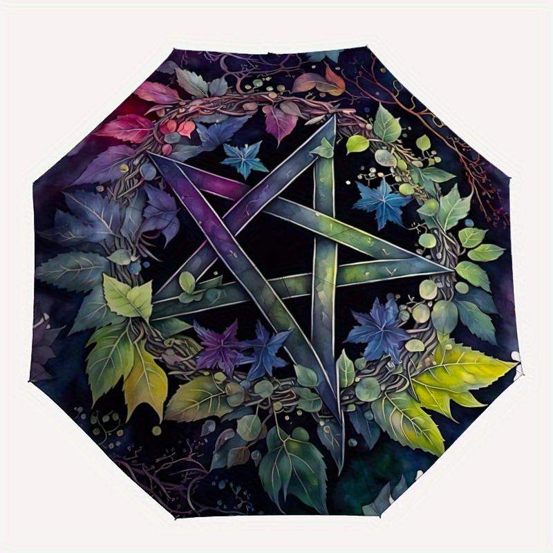 1pc Pentagram Surrounded by Lush Colorful Leaves and Vines Automatic Opening and Closing Umbrella - Lightweight 3-Fold Design, Suitable for Fans, Trav