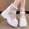 Fashion Pink Lovely Height Increasing Boots Women Breathable Mesh Buckle Zip Decor Summer Boots thick sole chunky platform uniform shoes