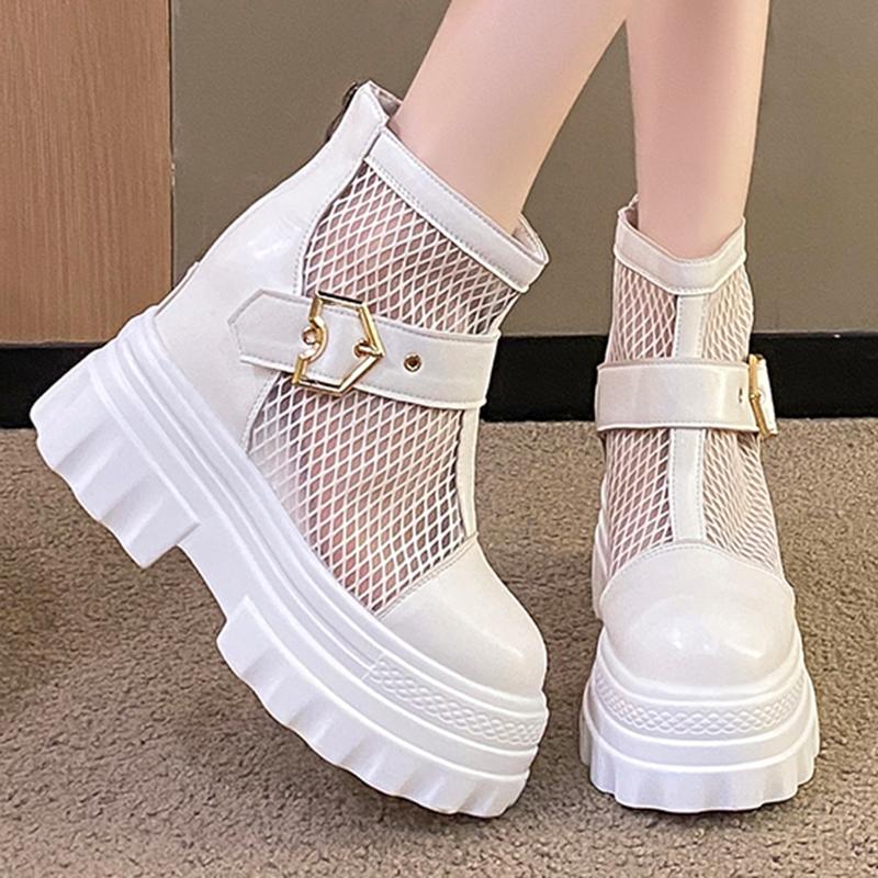 Fashion Pink Lovely Height Increasing Boots Women Breathable Mesh Buckle Zip Decor Summer Boots thick sole chunky platform uniform shoes