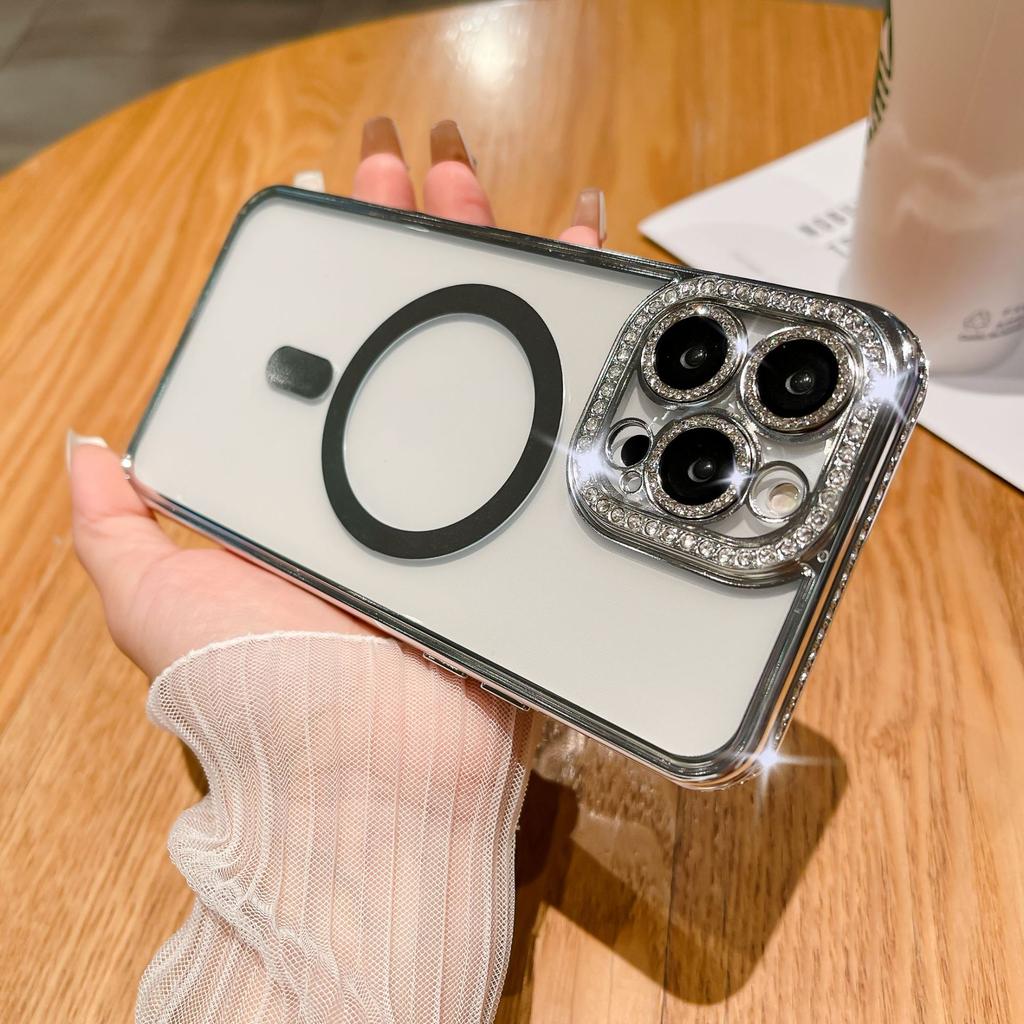 Color diamond mobile phone case Magnetic flash drill mobile phone case Edge drill, suitable for 14PROMAX lens electroplating magnetic mobile phone ca