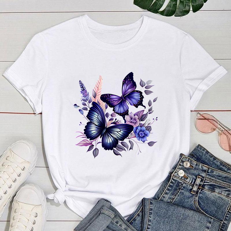 (Premium T-shirt)Hot Sales Flowers Butterfly T Shirts Women Summer Cool Short Sleeves Personality Harajuku T-Shirt