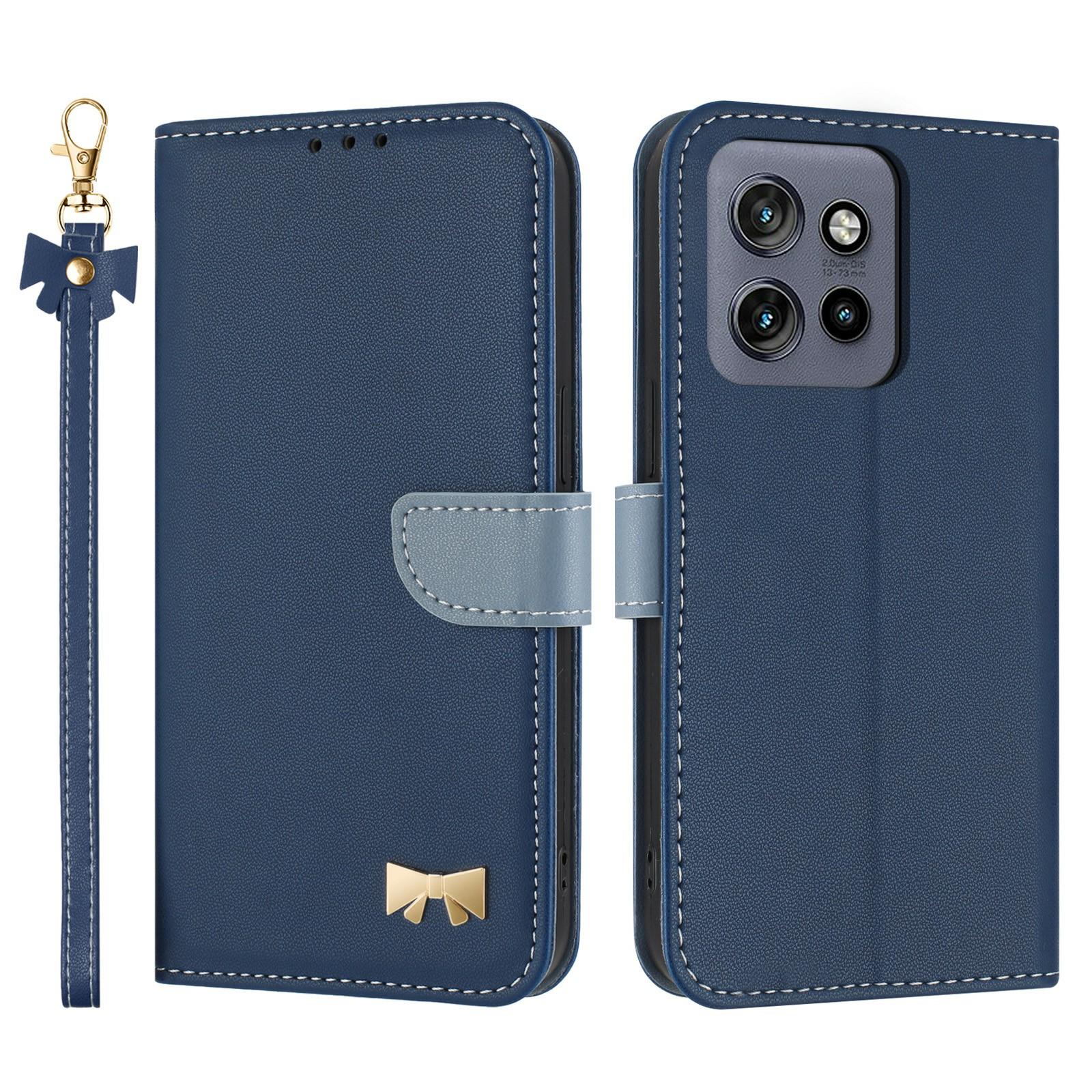 

Для Motorola Moto G56 5G Чохол Декор Бант Гаманець Шкіряний Чохол для Телефону з Ремінцем на Зап ястя Dark Blue