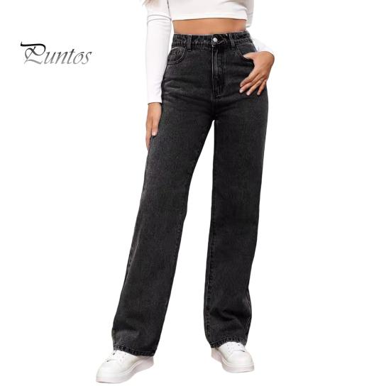 Gerade Schlagjeans für Damen, hohe Taille, Knopfverschluss, Hose mit Reißverschluss, einfarbige Jeanshose mit Taschen für den Alltag, Schulweg