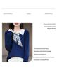Women's French Polo Collar Knit Shirt with Scarf, Color Block Long Sleeve Autumn Sweater