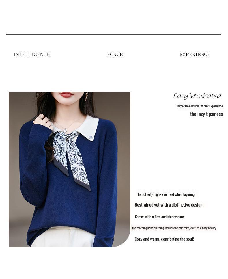 Women's French Polo Collar Knit Shirt with Scarf, Color Block Long Sleeve Autumn Sweater