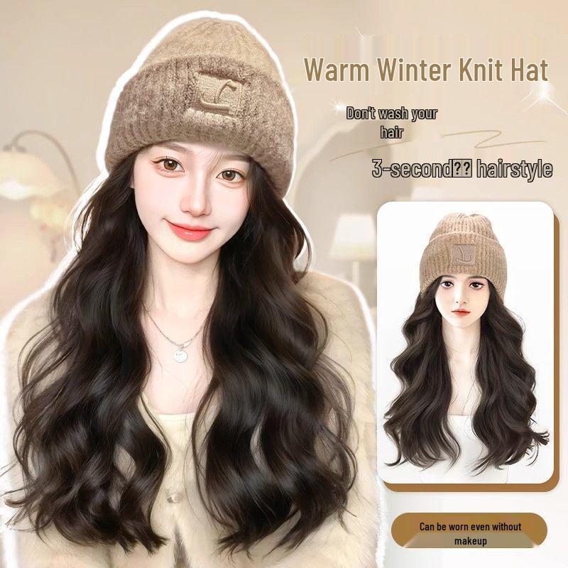Women's Fashionable Knitted Wool Hat with Realistic Non-Detachable Wig for Autumn/Winter 2025