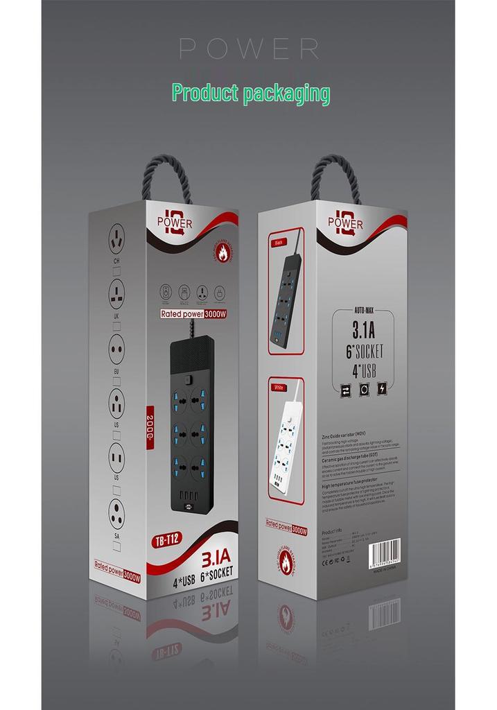 5m 6-Outlet Power Strip with Switch and USB Ports