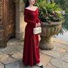 Women's Retro Cross Lace Patchwork V-Neck A-Line Dress - Autumn Winter Slim High-Waisted Design
