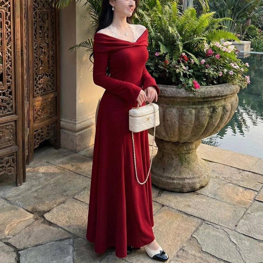 Women's Retro Cross Lace Patchwork V-Neck A-Line Dress - Autumn Winter Slim High-Waisted Design