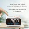 Mordern FM Radio LED Alarm Clock for Bedside Wake Up Digital Table Calendar with Temperature Thermometer Humidity Hygrometer