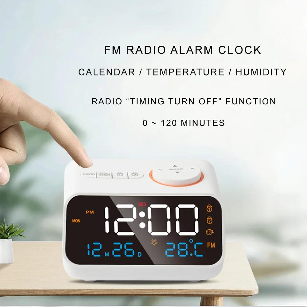 Mordern FM Radio LED Alarm Clock for Bedside Wake Up Digital Table Calendar with Temperature Thermometer Humidity Hygrometer