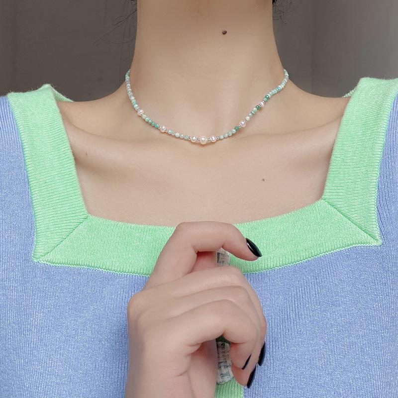 Korean Freshwater Pearl Necklace Baroque Pearl Tianhe Stone Necklace INS Sweet Beaded Collarbone Chain