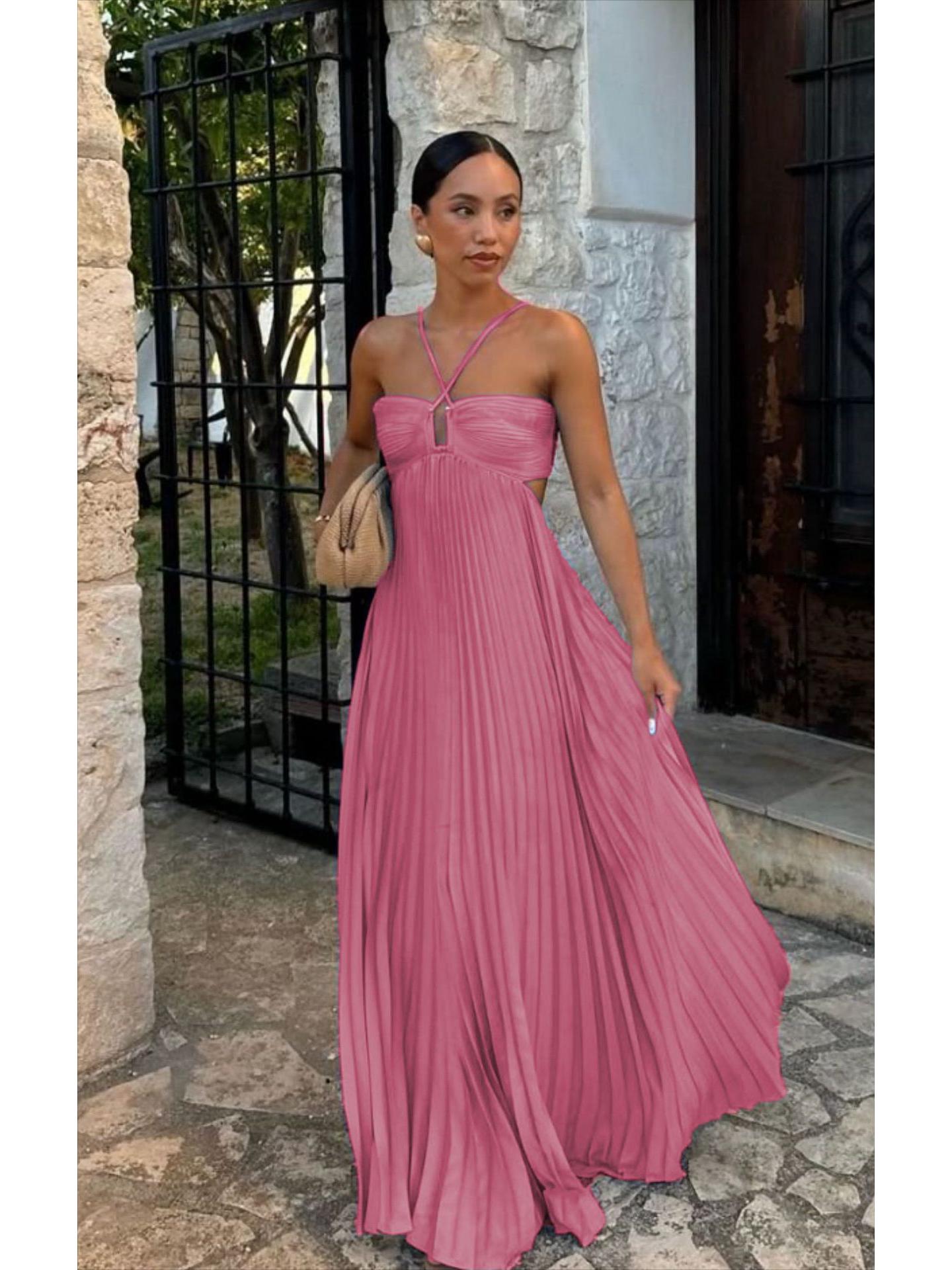 

Європейська та американська літня однотонна плісирована сукня-бандо - Ювілейне видання до 25-річчя Small рожевий