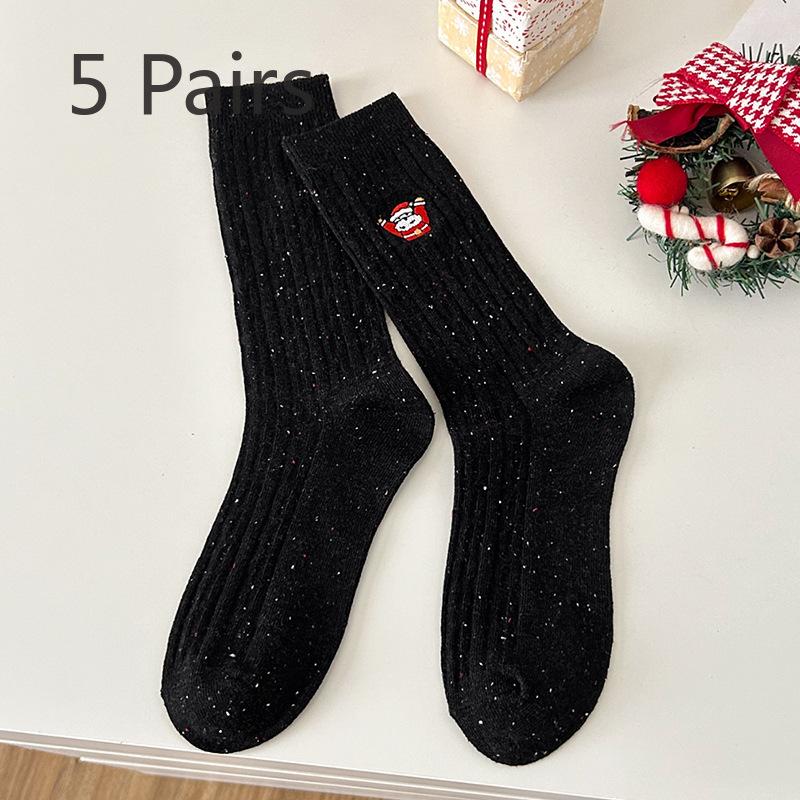 5 Pairs of Women's Autumn and Winter Linen Pattern Christmas Embroidery Trendy and Versatile Mid Calf Stackable Socks