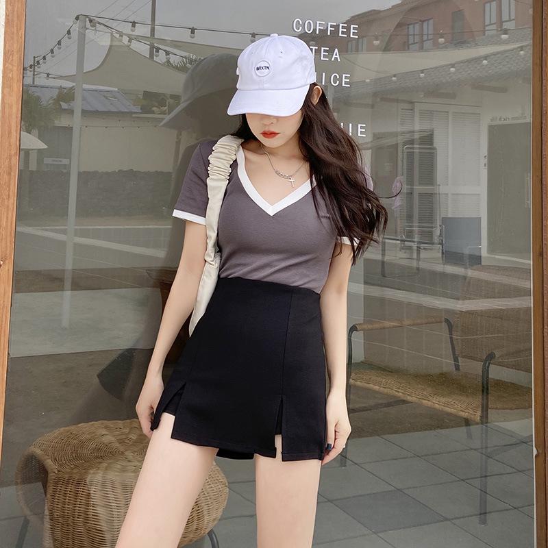 Women's Summer 2023 Black A-Line Slit Skirt: Campus-Chic Slim Fit
