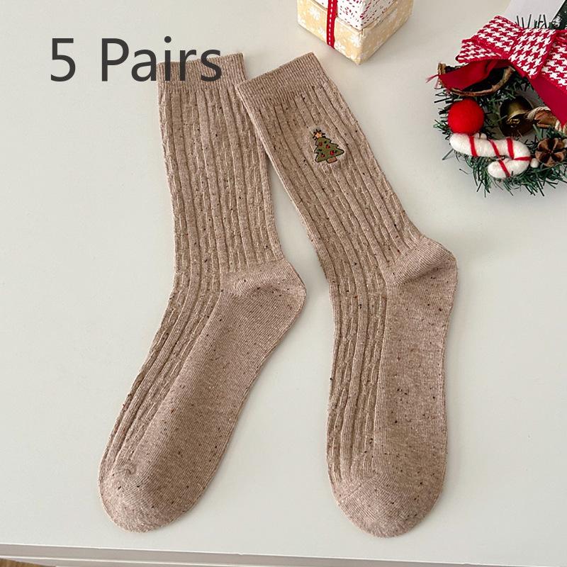 5 Pairs of Women's Autumn and Winter Linen Pattern Christmas Embroidery Trendy and Versatile Mid Calf Stackable Socks