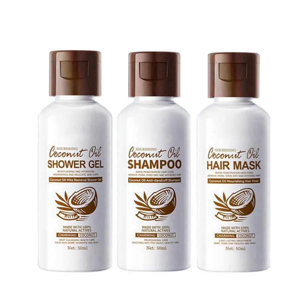 Huile de Coco Soin Cheveux Bain Voyage Ensemble 3 Pièces Shampoing/Masque Capillaire/Gel Douche
