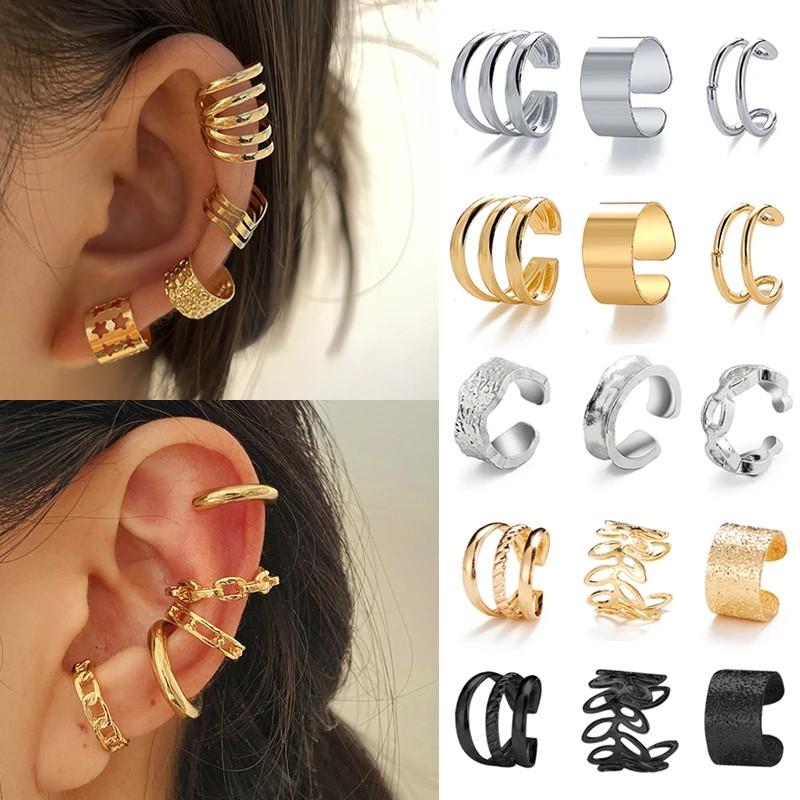 2026 New Gold Silver Color Leaves Clip Earrings for Women Fashion Ear Cuff Non-Piercing Earrings Set Trend Jewelry Gift