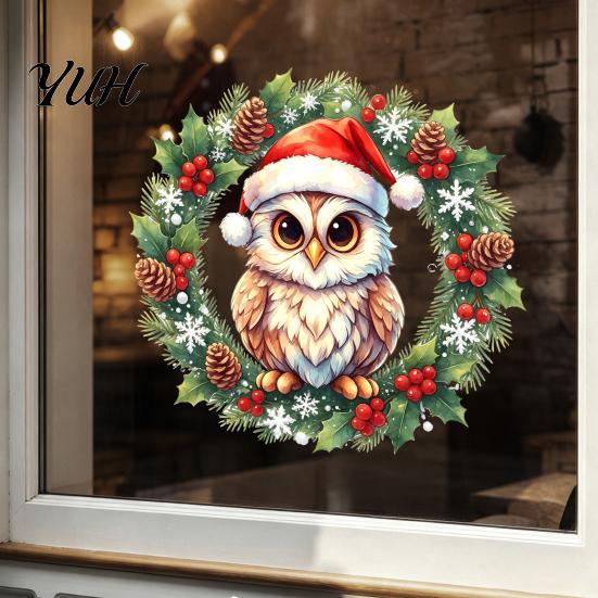 Home Beautification Stickers Christmas Owl Wreath Static Window Cling, Winter Holiday Glass Sticker, Customizable Patterns No?Glue Reusable