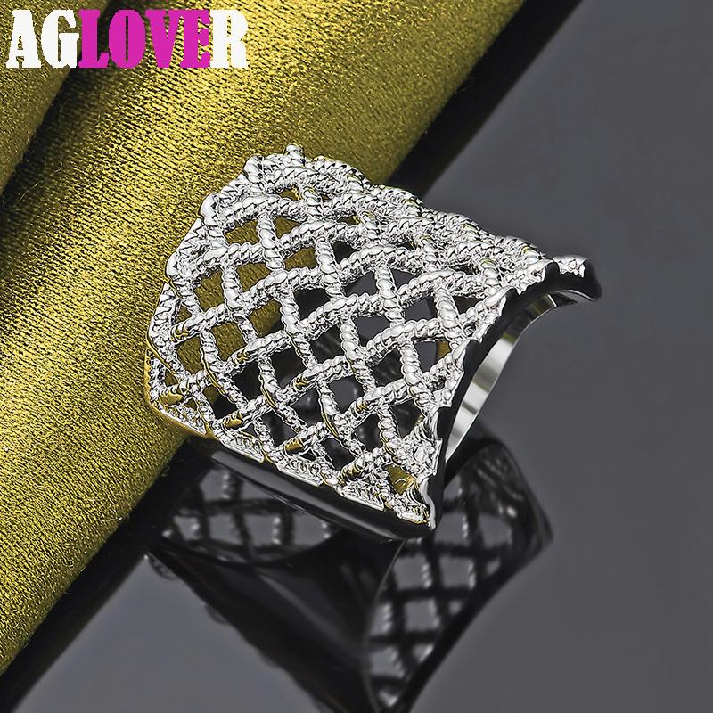 925 Sterling Silver Mesh Square Ring Charm Jewelry
