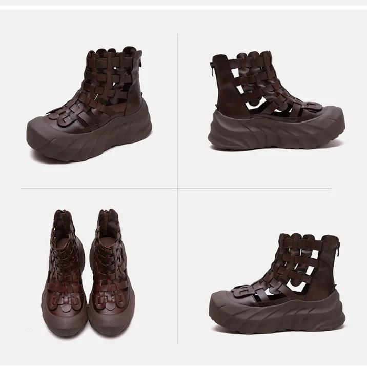 Johnature Cizme de vară țesute manual și respirabile, din piele naturală, retro, confortabile, cu talpă groasă, pantofi de damă