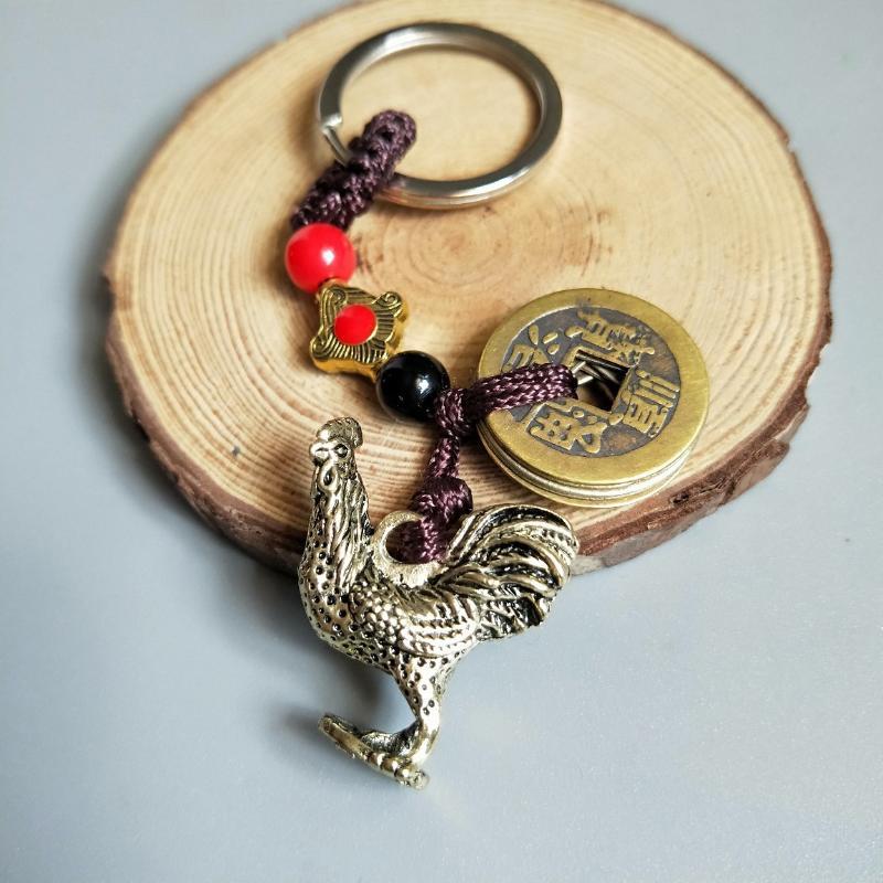 Brass Chinese Zodiac Keychain Handwoven Feng Shui Wealth Lucky Copper Coins for Small Business Owner Gift