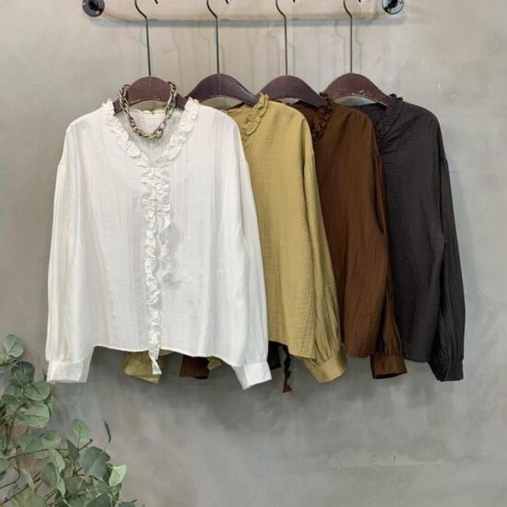 C S In The Room Hem Frill Pleat V neCk Long SleeVe blouSe 4Color