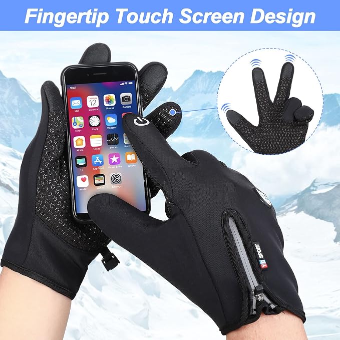 Winter Touchscreen Gloves for Men Women Waterproof Windproof Full Finger Cycling Silicone Non Slip Palm Zipper Sport Gloves for Running Driving Hiking