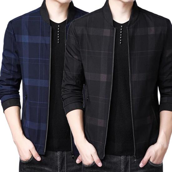 Men Coat Plaid Stand Collar Thin All Match Spring Jacket for Daily Wear