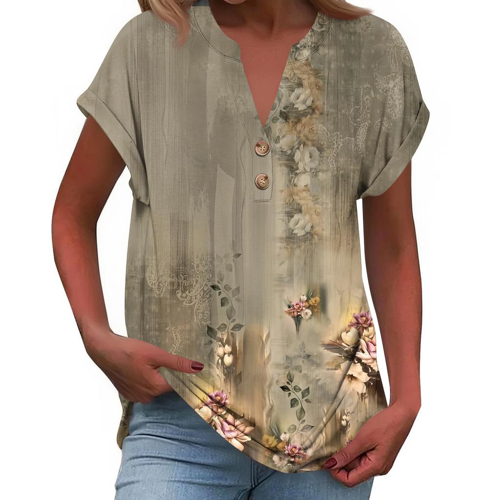 Modieuze Casual Losvallende Dames T-shirt Top met Korte Mouwen, Knopen en V-hals, Bedrukt