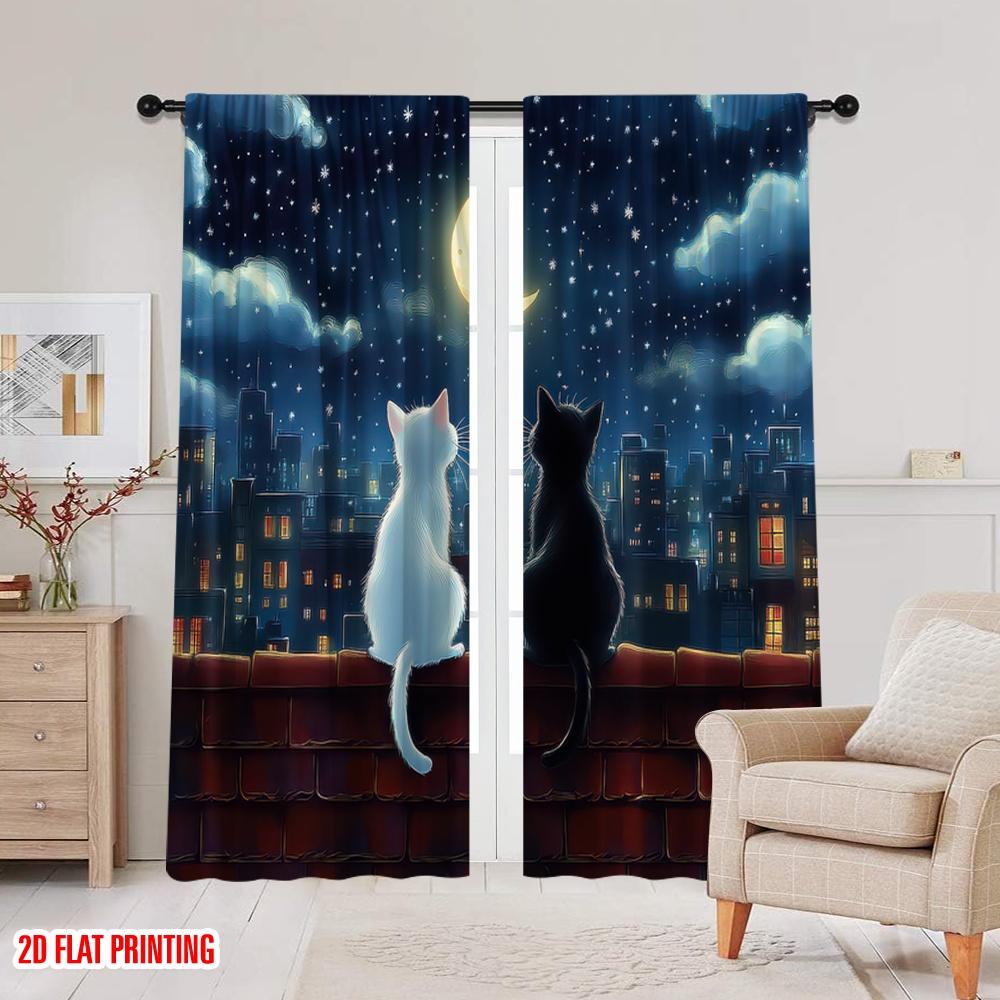 Room Darkening Flat Printing Curtain Cat Roof Polyester Birthday Party Perfect Bedroom Living Decoration Set Of 2 Made Washable Area Ready