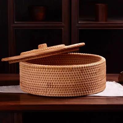 Nové ručně pletené košíky Základní barvy Jednoduché Retro Ratanové úložné boxy s víkem Šperky Čajová souprava Úložné boxy Domácí potřeby