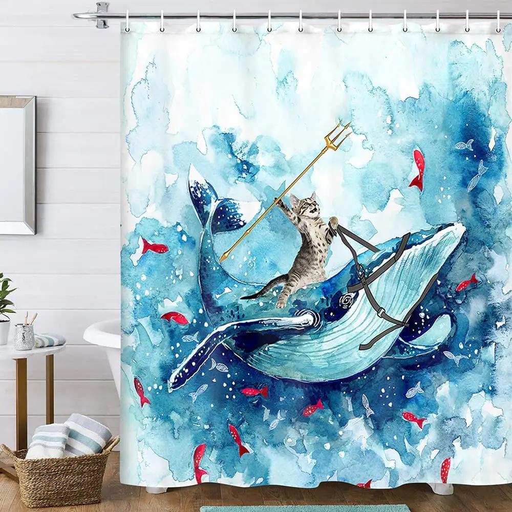 Funny Cat Shower Curtain, Cool Cat Dinosaur Japanese Ocean Wave Decor Fabric Bathroom Curtains, Kids Rustic Wooden Bath Curtain