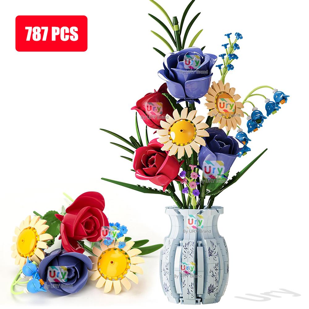 Flower Bouquet 3D Daisy Rose Lily of The Valley with Vase Set Building Block Model Home Decoration Valentine's Day Gift for Girl