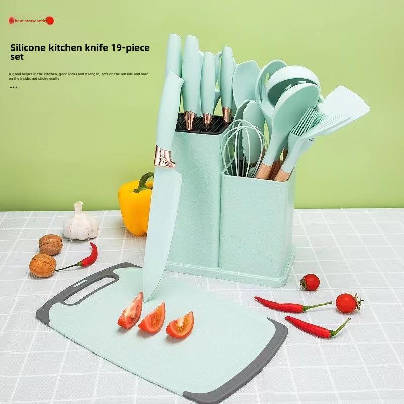 19-Piece Silicone Kitchen Knife Set with Holder: Chef Knife, Cooking Spoon, Shovel, and Household Cutlery.