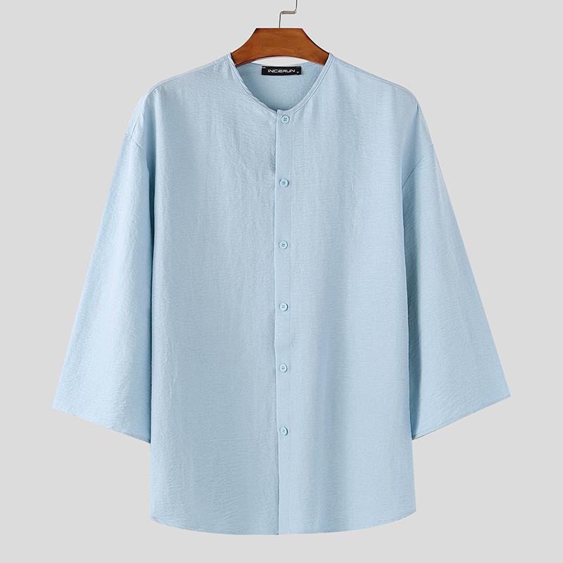 

INCERUN Мужские рубашки-туники оверсайз без воротника с рукавом 3/4, однотонные, повседневные 2XL