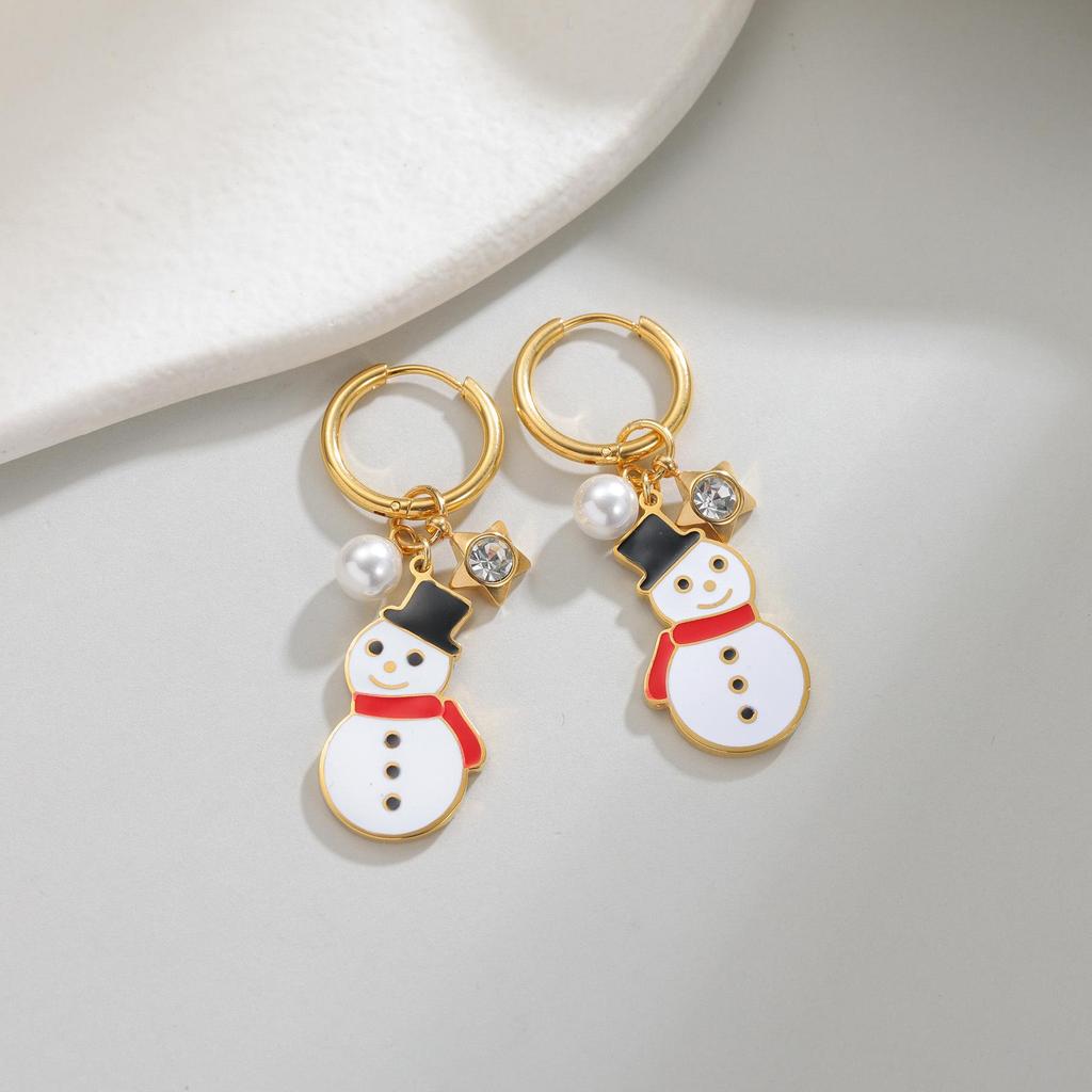 New Christmas Snowman Earrings: Titanium Steel Pearl Star Pendant, Cute Holiday Fashion Style.