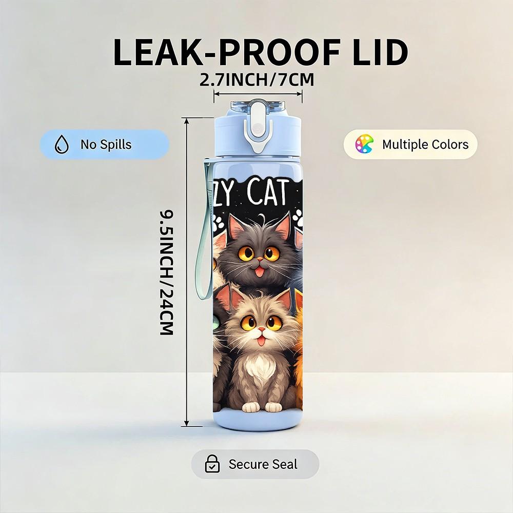 1PC Crazy Cat Lady Multi Cat Print 750ml Color Plastic Sports Water Bottle Leakproof Flip Straw Lid Suitable for Sports Office Home Use