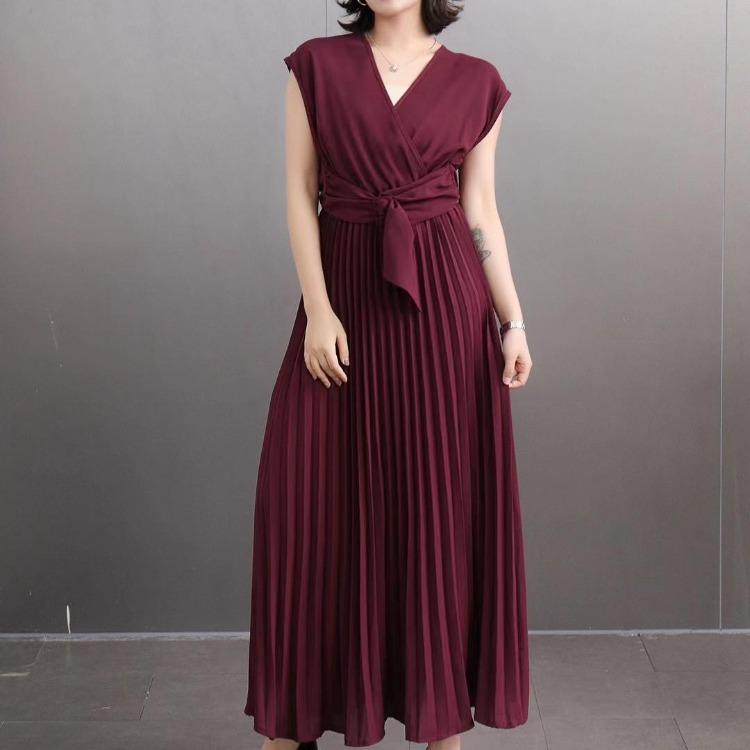 Sommer Neues Französisches Chic Maxikleid Damen V-Ausschnitt Ärmellos Schnürung A-Linie Falten Damenkleider Damen