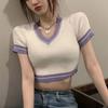 Neues Amerikanisches Vintage Weißes V-Ausschnitt Strick Kurzarm High Waist Crop T-Shirt Damen Mode Top Frau