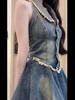 Plus Size Retro Hot Girl Halter Neck Dress - Summer Denim Frayed Edge Skirt