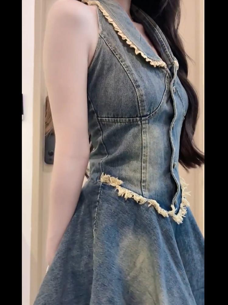 Plus Size Retro Hot Girl Halter Neck Dress - Summer Denim Frayed Edge Skirt