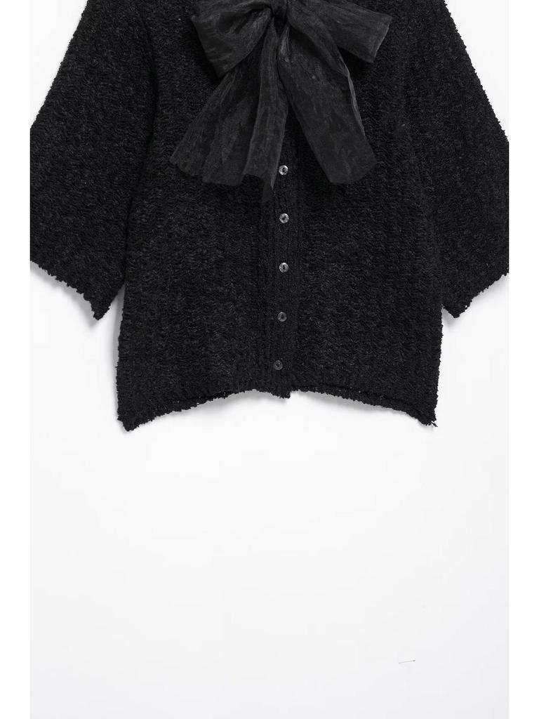 2024 Women's Winter Transparent Yarn Knit Top with Bow Brooch - European & American Style Fashion