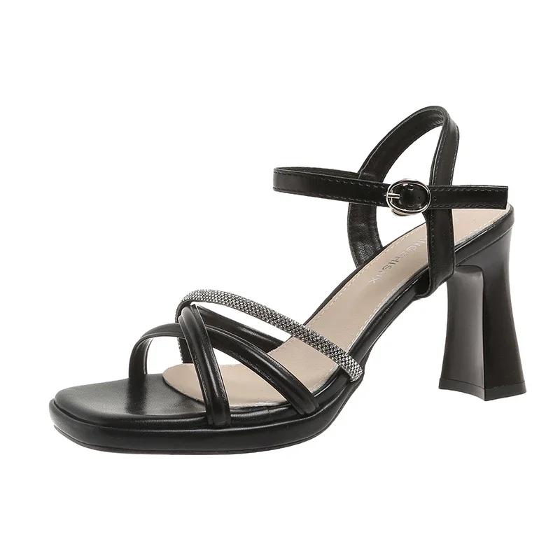 

Fashion Women s Sandals 2025 New Modern Elegant Dress Woman Shoes Square Toe Crystal Buckle Strap High Heels Female Luxury Heeled Sandal 39 чёрный
