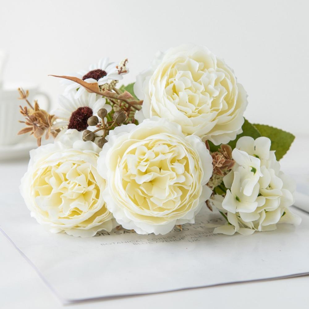 Outdoor Silk Artificial Flowers 5 Heads Bridal Bouquets Simulated Persian Peony Fake Flowers Gifts Box Decor