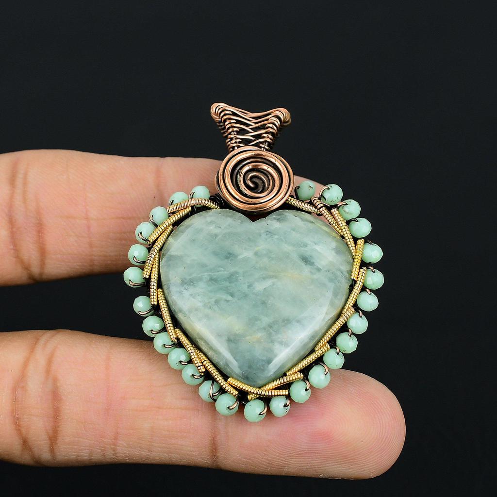 Aquamarine Gemstone Handmade Copper Wire Wrap Jewelry Lovely Heart Shape Pendant For Her