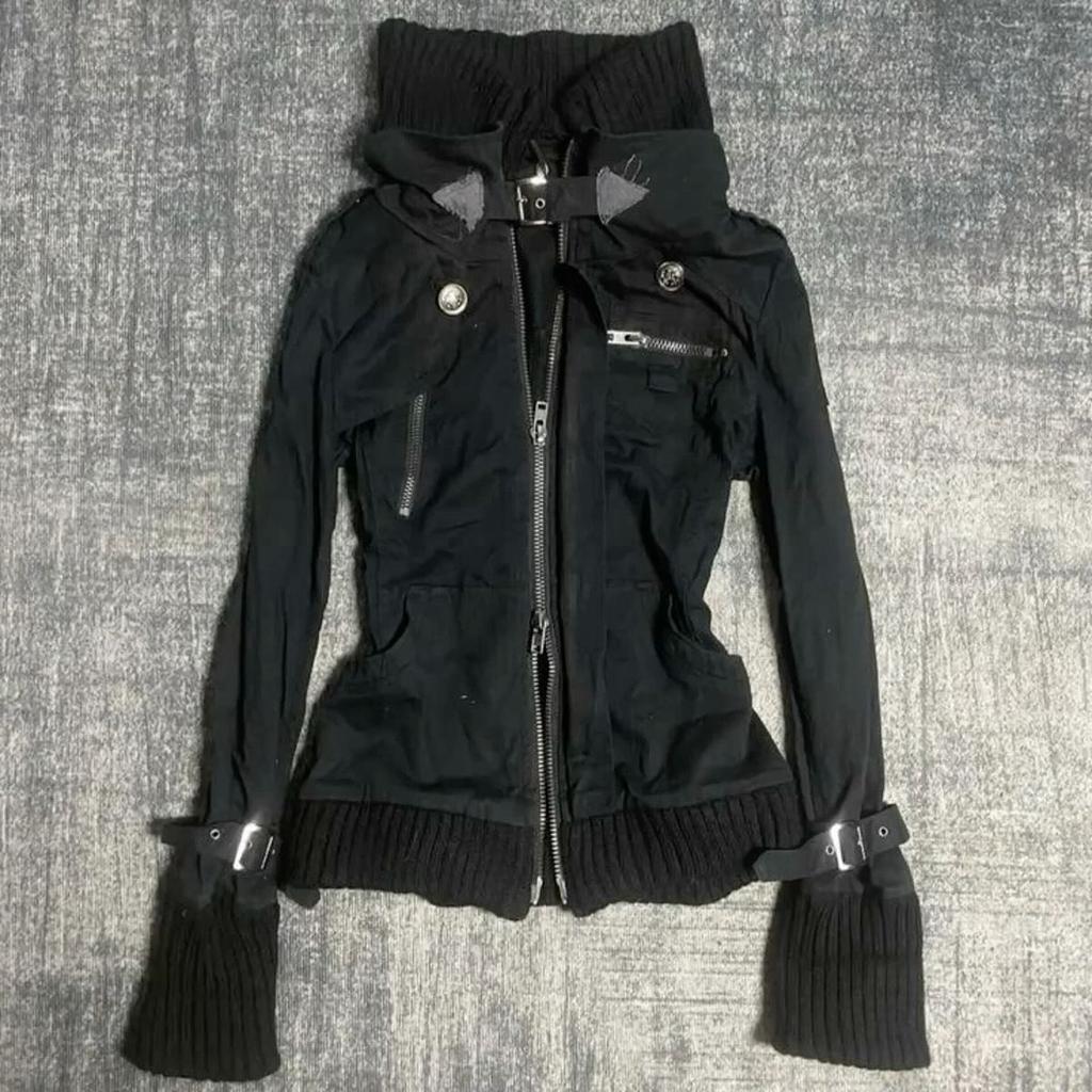 Damen Lässige Schwarze Kapuzenjacke Reißverschluss Oberteil Gerippter Strickkragen Langarm Herbst Winter Streetwear Y2K Stil Oberbekleidung