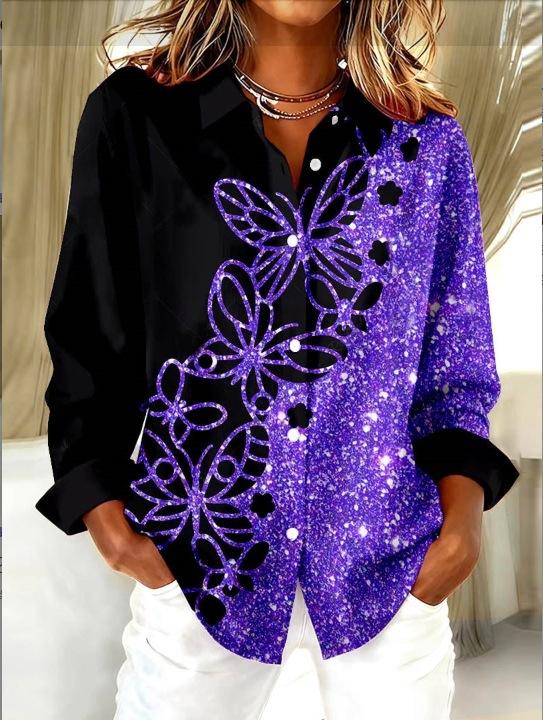 1116 Fashion European and American Shirts Spring and Autumn Loose Digital Printed Checked Cardigan Women's Shirt